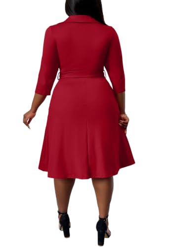 Image of FANDEE Plus Size Midi Dress for Women - Printing Summer Dresses for Wedding Guest Cocktail Party 3 /4 Sleeve V Neck（L-5XL）