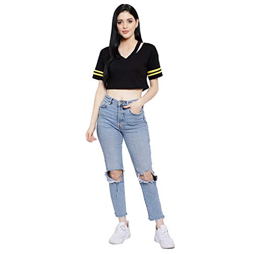 Image of LE BOURGEOIS Women Solid Loose Fit Desiger V-Neck Short Sleeve Dance Party Casul Crop Top
