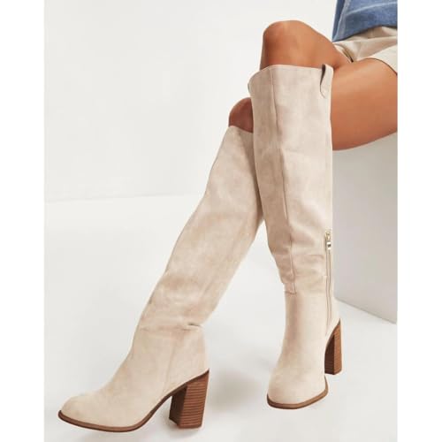 Erocalli Suede Knee-High Boots Fall Boot For Women Chunky Block High Heel Slouch Fashion Boot Round Toe Side Zipper