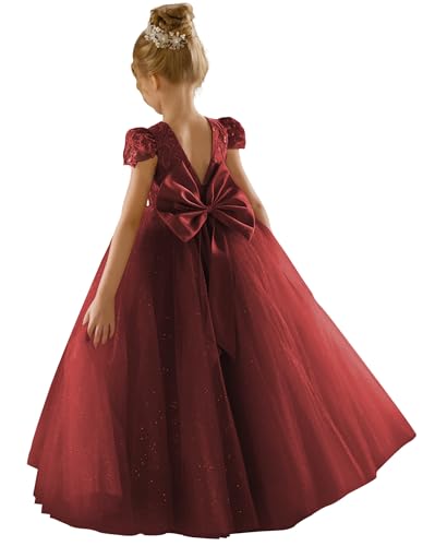 GETCUTE Long Flower Girl Lace Sequin Dress for Weddings Tulle Christening Round Neck Communion Pageant Dresses Formal Big Girl Pegeant Dance Gown Burgundy 08