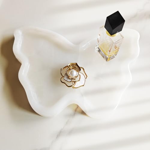 Natural Marble Vanity Tray, Jade Butterfly Shaped Stone Catchall, Organizer for Countertop, Perfume, Jewelry, Candles, Kitchen,Bathroom,for Lady,Mother,Girlfriend Gift (White jdae)