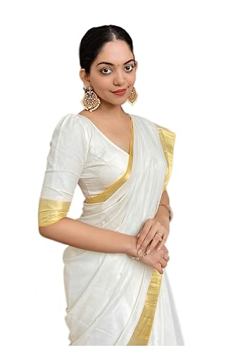 Sidhidata Women's Chanderi Cotton Saree With Unstitched Blouse Piecee (White Golden Boarder)