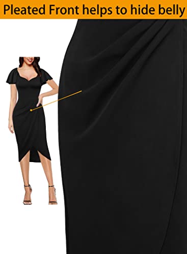 VFSHOW Womens V Neck Cocktail Ruffle Sleeve Wrap Slit Ruched Party Midi Dress Bodycon Work Business Sheath Pencil Dress4