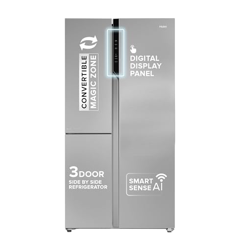 Image of Haier SmartChoice 598L 3 Star 3-Door Side by Side Frost Free Refrigerator|Convertible|Smart Sense AI|Expert Inverter Compressor|Digital Display Panel (2025 Model, HRT-683ISU1, Inox Steel)
