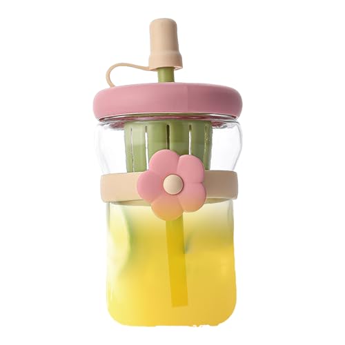 Botella de agua de vidrio reutilizable de 500 ml, elegante botella de con tapa y popote de silicona, vasos portátiles para té, café, leche, elegante compañero de hidratación para viajes