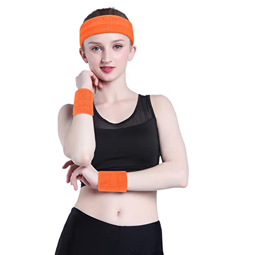 Image of ONUPGO Orange Sweatband Set Sports Headband Wrist Striped Sweatbands Terry Cloth Wristband Athletic Exercise Basketball Wrist Sweatband and Headbands Moisture Wicking Sweat Absorbing Head Band