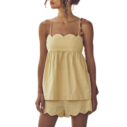Women 2 Piece Lounge Shorts Set Spaghetti Strap Peplum Cami Top Babydoll Pj Set Casual 2 Piece Pajama Outfit