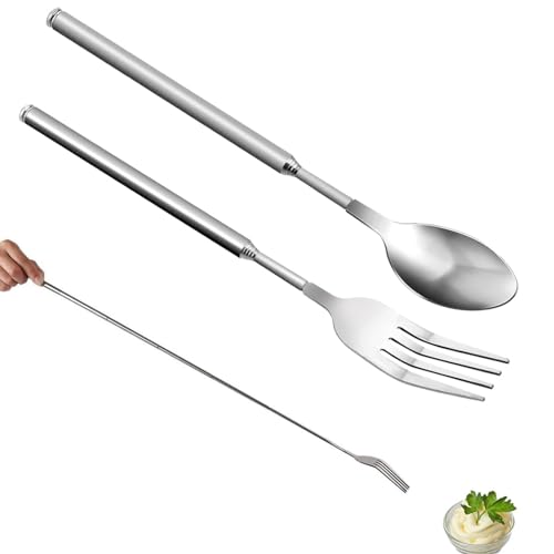 2 Stück Teleskopgabel Set - Edelstahl Teleskop Gabel und Löffel, praktisch und kompakt für Picknicks und BBQ