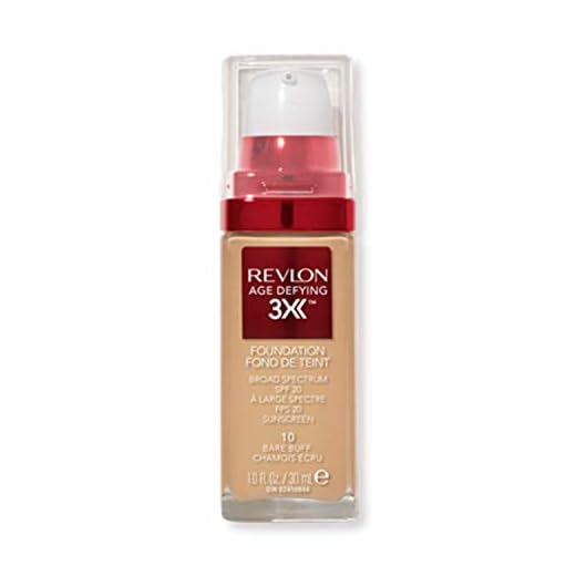 Revlon Liquid Foundation, Age Defying 3XFace Makeup, Anti-Aging and Firming Formula, SPF 20, Longwear Medium Buildable Coverage with Natural Finish, 010 Bare Buff, 1 Fl Oz