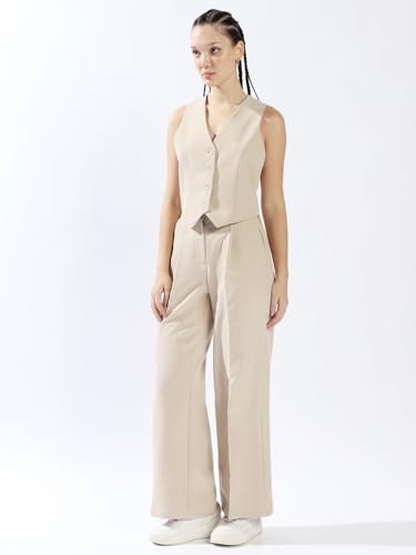 Image of High Star Women Solid Regular length Tailored Fit V neck Sleeveless Waistcoat and Wide leg Trouser Co-ord Set