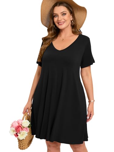 Image of ZENNILO Women's Plus Size Swing Dress with Pockets Casual Summer Dresses V Neck Short Sleeve T Shirt Dress for Women