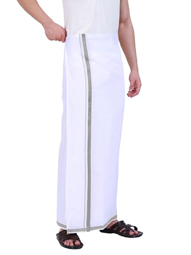 Image of PRAKASAM COTTON Mens Single White Dhoti with Jari Border Single Dhoti (1.28X2.00 mtrs)
