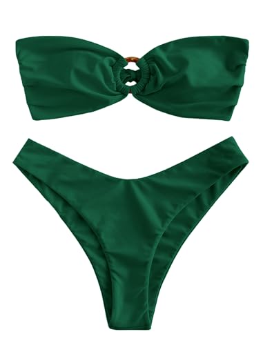 Image of ZAFUL Women's Bandeau Bikini O Ring Strapless Tie Back High Cut Two Piece Swimsuit Bathing Suits