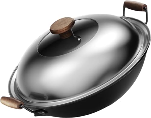 Lusonbin 中華鍋 鉄 超大型鉄鍋45cm 深型 蓋付き ガス対応 直火対応 錆びない窒化鉄 炒め鍋 コーティングなし 物理的にべたつかない 熱を均一に受け 揚げ物 炒め物 肉料理など調理可 北京鍋 炒鍋 湯釜 両耳鍋 大家族 家庭用 業務用 手入れ