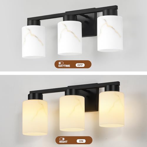 Image of 3-Light Bathroom Light Fixtures, Modern Vanity Lights, Black Metal Wall Lamp with Handcrafted Art Glass for Bathroom, Mirror, Living Room, Bedroom, Cabinet, Porch, Hallway, E26 Base