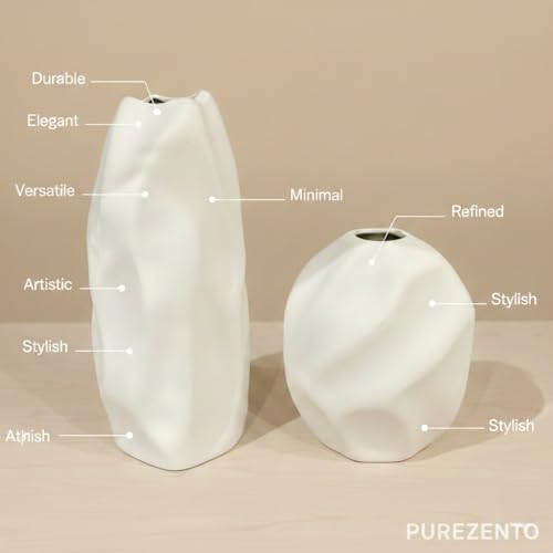 Image of PUREZENTO 'Mudstone' White Ceramic Vase - Set of 2 | Centerpiece & Showpiece Vases for Home Decor, Bedroom, Bookshelf & Tabletop Styling | Decorative Vase for Pampas Grass, Dried & Artificial Flowers