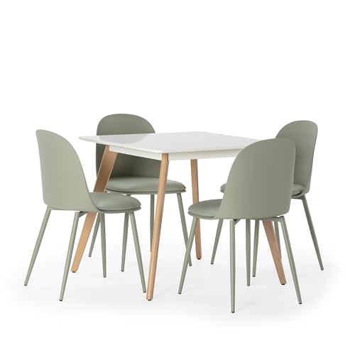 HOMN LIVING Juego de Mesa de Comedor cuadrara 80x80 cm y 4 sillas de Comedor Kana Color Verde y Pata en Metal