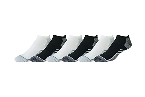Amazon Essentials Herren Kurze No-Show-Socken – Performancebereich, bequeme Polsterung, athletisch, 6 Paar, Schwarz/Weiß, 46-48