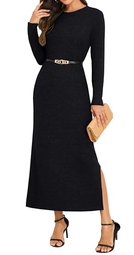GRECERELLE Damen Maxi Kleid Rundhalsausschnitt Langarm Rippstrick Lässiges Langes Winter Kleider Leicht Herbstkleid mit Taschen (Schwarz, S)