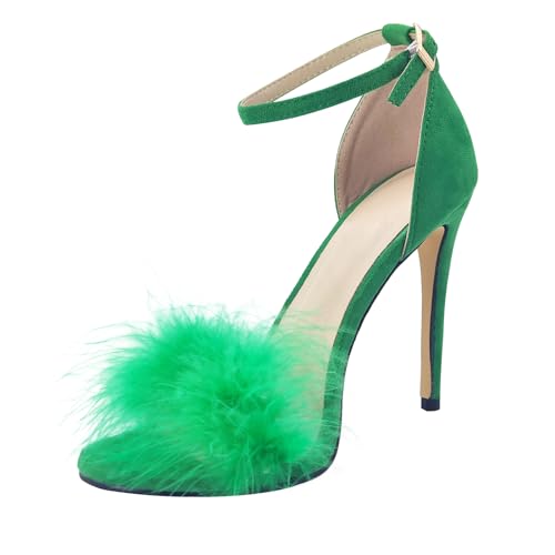 Image of YIBLBOX Women's Feather Heels Open Toe Sandal Fluffy Fur High Heel Shoes | Open Toe Slip On Stiletto Slides for Summer Party Wedding Prom Slippers Fuzzy Faux Fur
