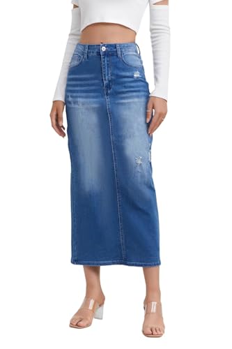 Women's High Waisted Long Denim Skirt with Back Slit Distressed Holes Stretch Whisker Wash