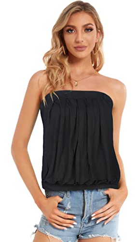 Chicgal Women's Off The Shoulder Tops Summer Casual Bandeau Tank Casual Strapless Tube Blouse Shirts (Black,M) #TOP3
