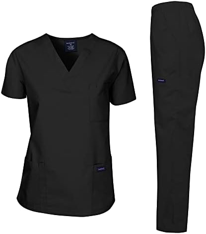 Dagacci Medical Uniform Woman and Man Scrub Set Unisex Medical Scrub Top and Pant, Black, M