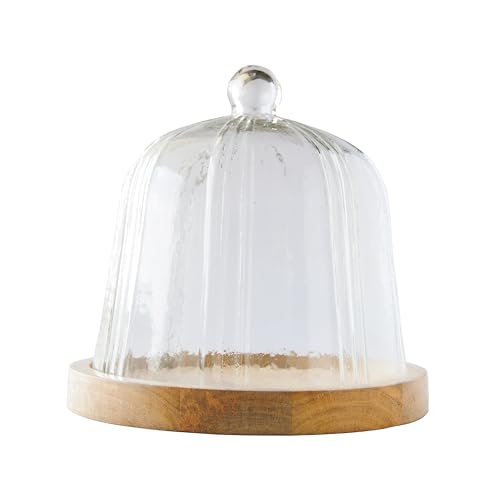 Creative Co-Op, Clear Round Reclaimed Glass Cloche with Mango Wood Base, Medium