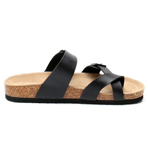 Image of WTW Cork Footbed Womens Sandals Genuine Leather Insole Slides Sandals for Women Adjustable Buckle Summer Sandals Outdoor Walking