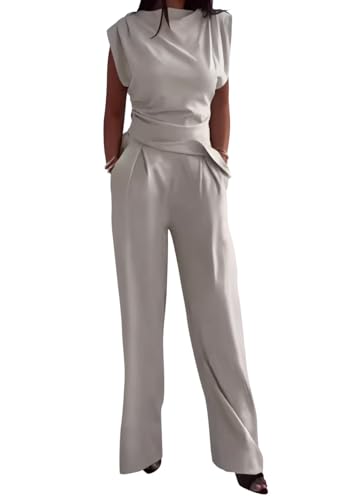 nicticsi Donna Completo Tuta 2 Pezzi Elegante Business Sets in Tinta Unita Orlo Irregolare Magliette a Girocollo e Pantaloni a Gamba Larga Dritta Tute per Casa Casual B Bianco L