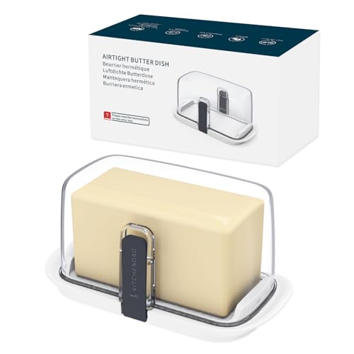 KITCHENDAO Large One-Handed Butter Dish with Lid for 250g and 500g/1lb Butter Airtight Butter Keeper with Lid Fit a Full Pound Block of ButterLocking Butter Container for Countertop(White)