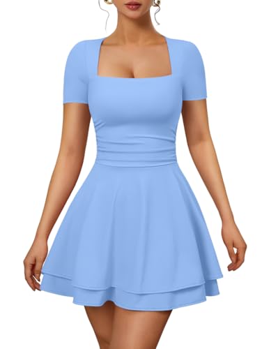 Image of XXTAXN Women's Sexy Square Neck Short Sleeve Ruched Tiered Ruffle Hem Flowy Club Party Mini Dress