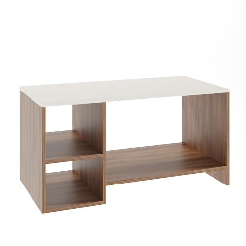 Image of FURNEASER Modern Engineered Wood Coffee Table with Open Storage Shelves | Wooden Center Table for Living Room, Sofa Area & Lounge | Multipurpose Tea Table with Storage (TLP - Exotic Teak & White)