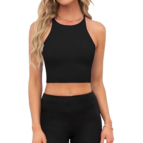OYANUS Womens High Neck Tank Tops Summer Sleeveless Racerback Casual Cami Shirts Seamless Rib-Knit Workout Crop Tops Black-L Cover