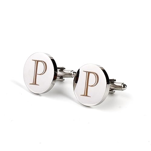 Image of Mens Initial Silver Cufflinks A-Z Alphabet Letter Steel Cuff Links with Engraved Walnut Wood Box Groom Groomsman Wedding Set