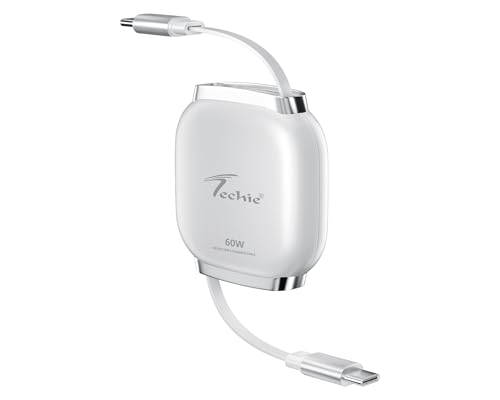 Image of Techie Type-C to Type-C Retractable Cable White 60W USB-PD Fast Charging 1m Flat TPE Copper Cable for Smartphones, Tablets & Laptops