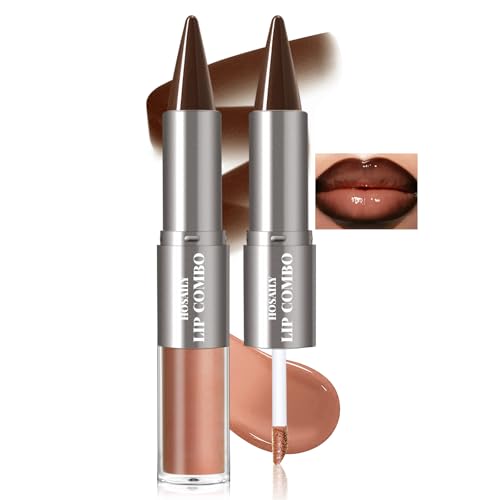 HOSAILY 2 in 1 Lip Combo Sets Dark Brown Natural Lips Liner and Liquid Lipstick Combo Moisturizing Nude Glossy Gloss Lip Kit Plumping Lightweight Lips Pencil with High Shine Tinted Gloss Set01