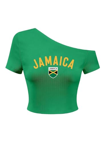 SweatyRocks Women's Jamaica One Shoulder Crop Top Short Sleeve T Shirt Letter Graphic Tee