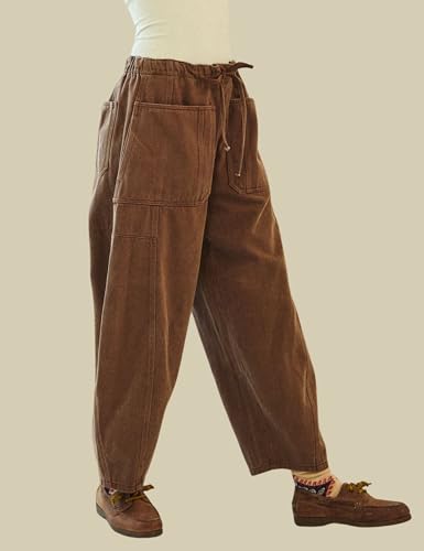 InterNos Women's Trendy Barrel Pants Wide Leg Mid Waisted Trousers Adjustable Drawstring Baggy Pants with Pockets3