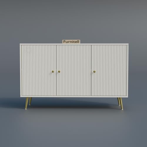Image of Wooden Storage Cabinet for Living Room & Bedroom | Fluted Design Sideboard with 3 Doors | Multipurpose Organizer for Entryway | HDMR Premium Wood | Gold Metal Legs | White