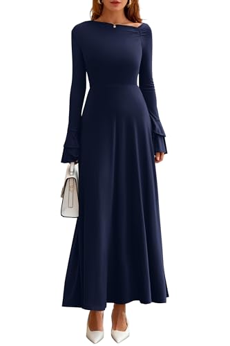 PRETTYGARDEN Womens Dresses Formal Off The Shoulder Long Sleeve Ruched Knit A-Line Maxi Wedding Guest Dress Fall Clothes(Navy Blue,Medium)