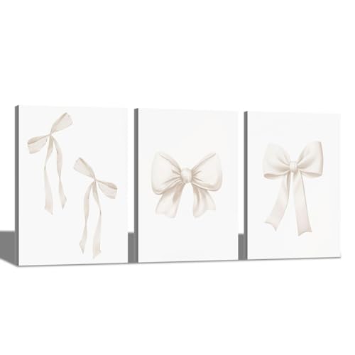 Image of Generic Beige Bow Print, Set of 3, Preppy Wall Art, Teen Room Decor, College Apartment Decor, Nursery Girly Wall Art, Pastel Poster (16x24in, Wrapped Framed)