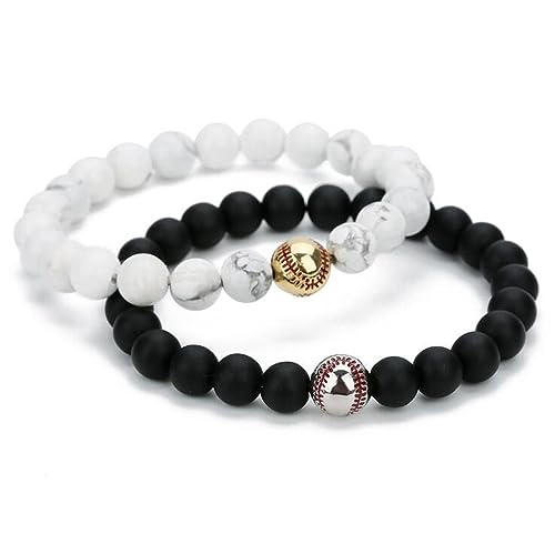 Cadeau pour femmes et hommes bracelet pierre volcanique et pendentif baseball de couple