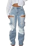 NRTHYE Womens High Waist Rhinestones Cargo Jeans Sexy Ripped Straight Leg Stretch Distressed Denim Trousers Pants