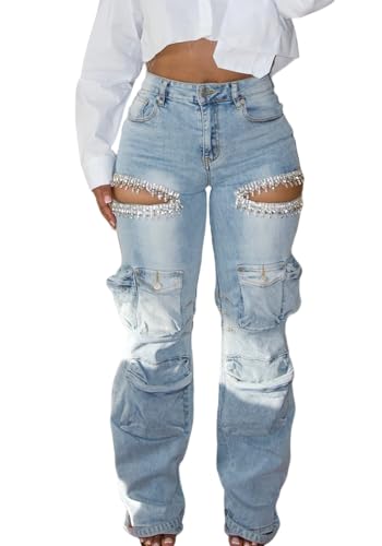 NRTHYE Womens High Waist Rhinestones Cargo Jeans Sexy Ripped Straight Leg Stretch Distressed Denim Trousers Pants