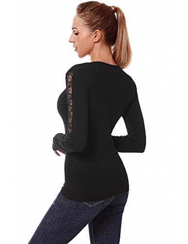 AmélieBoutik Women V Neck Floral Lace Trim Inset Long Sleeve Blouse Top4