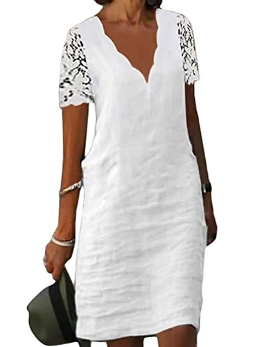 Onsoyours Femme Robe d'été Lin Ample Décontractée Été Élégant Loisirs Vintage Robe Boho Loose Robes de Plage Manches Courtes Casual A1 Blanc XXL