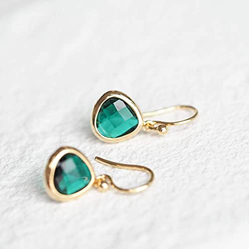 Dainty Simulated Green Emerald Dangle Earrings, 14k Gold-Plated Hypoallergenic, Lightweight Crystal Drops, Minimalist May Birthstone Jewelry by MJLULU2
