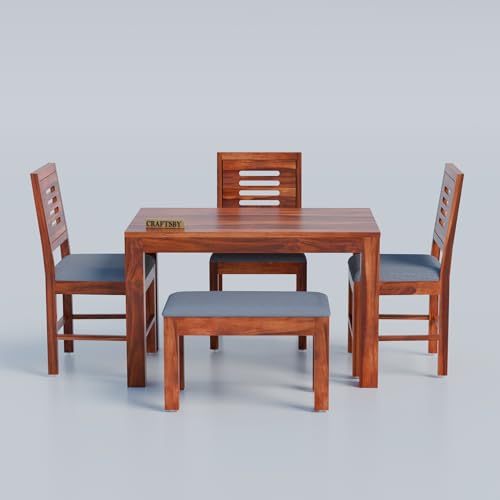 Image of 45 Inch Length Solid Sheesham Wood 4 Seater Dining Table Set | Four Seater Dinner Table with 3 Cushions Chairs & 1 Bench | Dinning Table Set 4 Seater for Living Room | Honey Finish