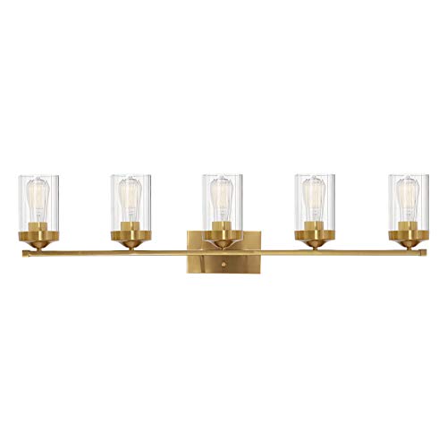 Black Friday 🔥 ELUZE 5-Light Bathroom Vanity Light Contemporary Brushed Brass Bathroom Lighting Finish with Clear Ribbed Glass Wall Sconce Lighting Fixtures for Bedroom Living Room Makeup Bathroom Lighting